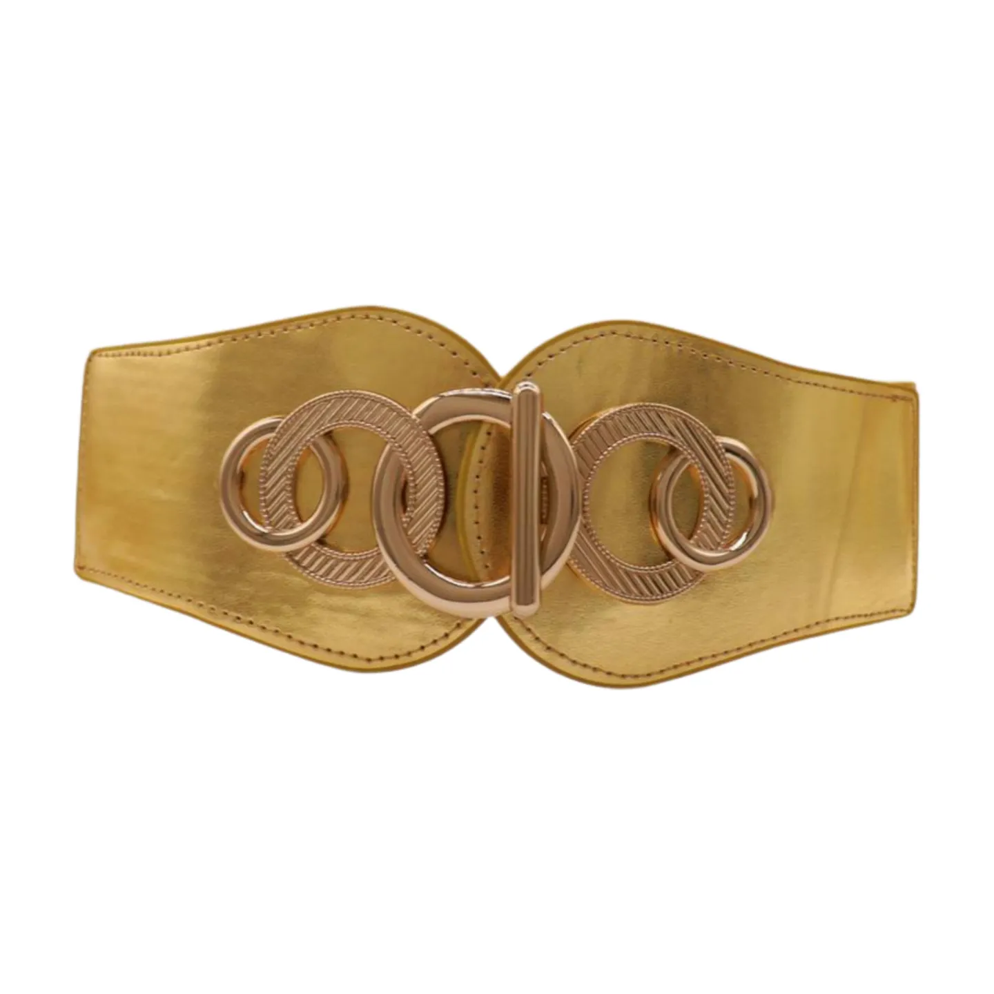 Gold Faux Leather Elastic Belt Circle Hook Buckle S M