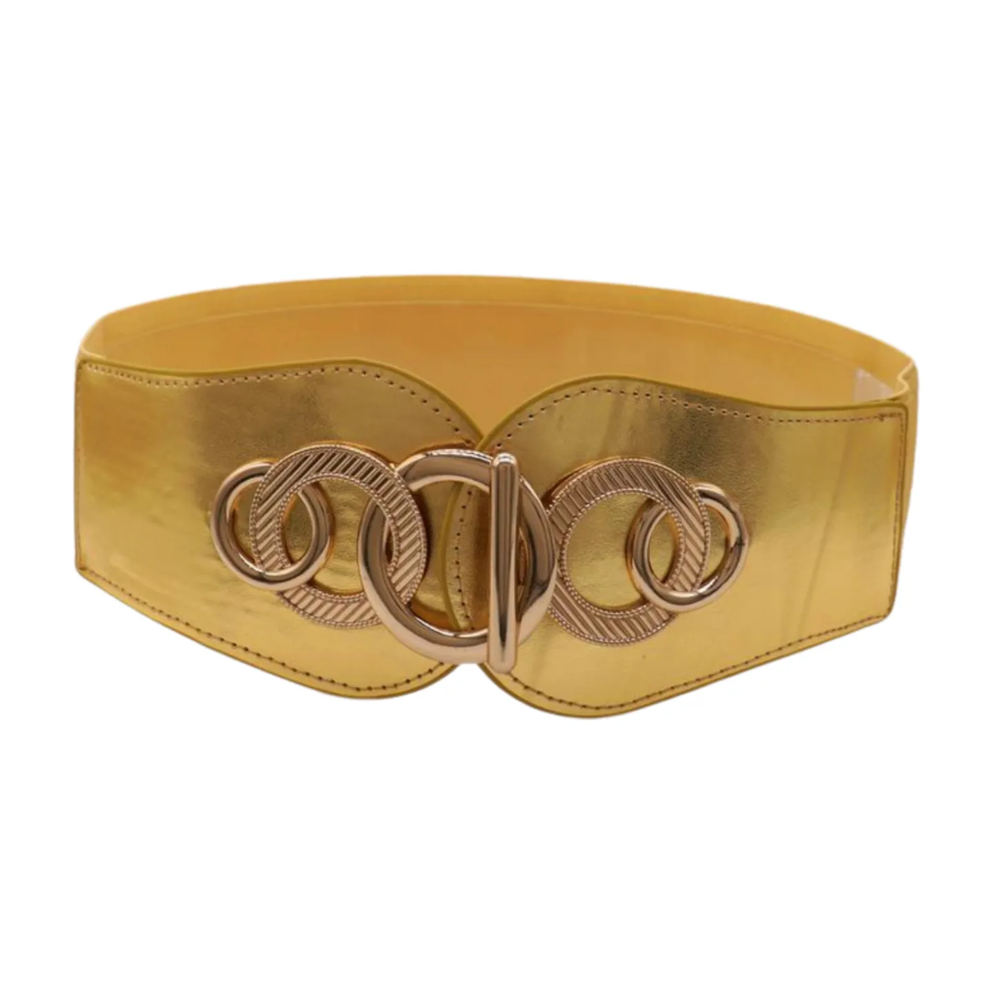 Gold Faux Leather Elastic Belt Circle Hook Buckle S M