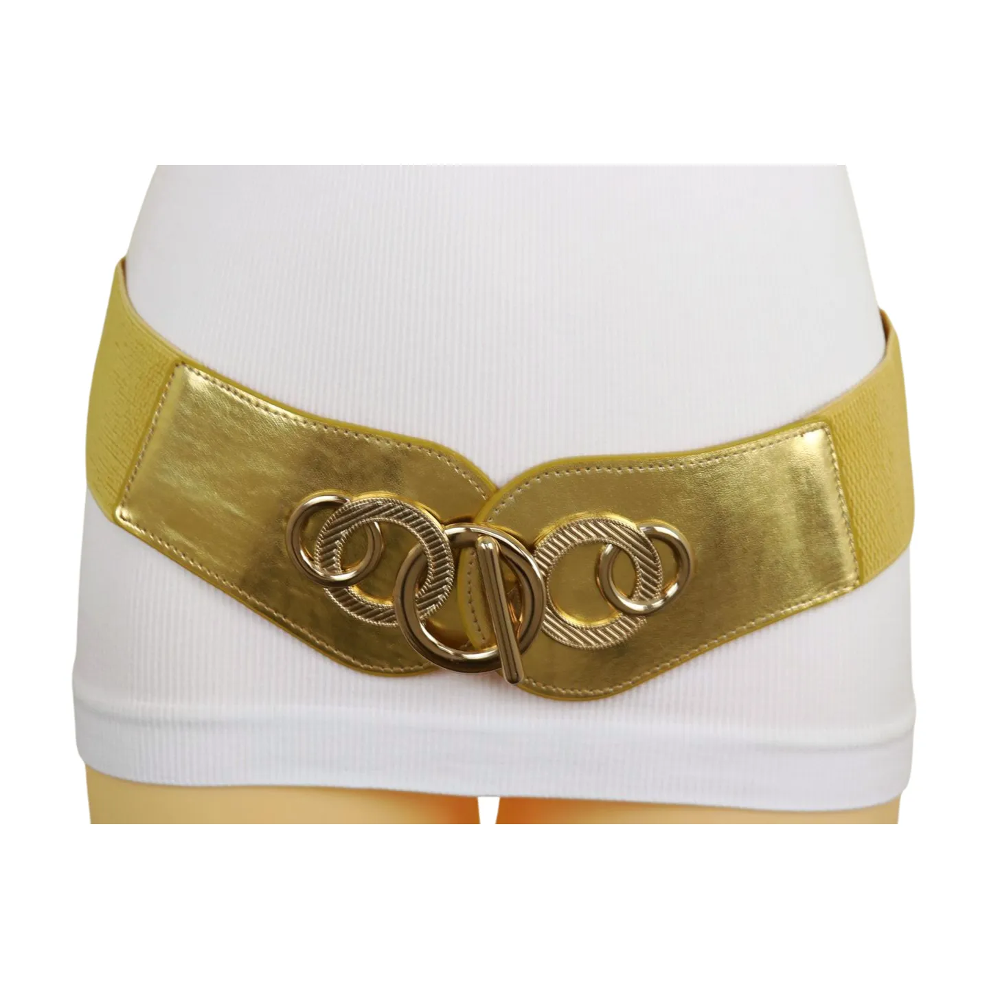 Gold Faux Leather Elastic Belt Circle Hook Buckle S M