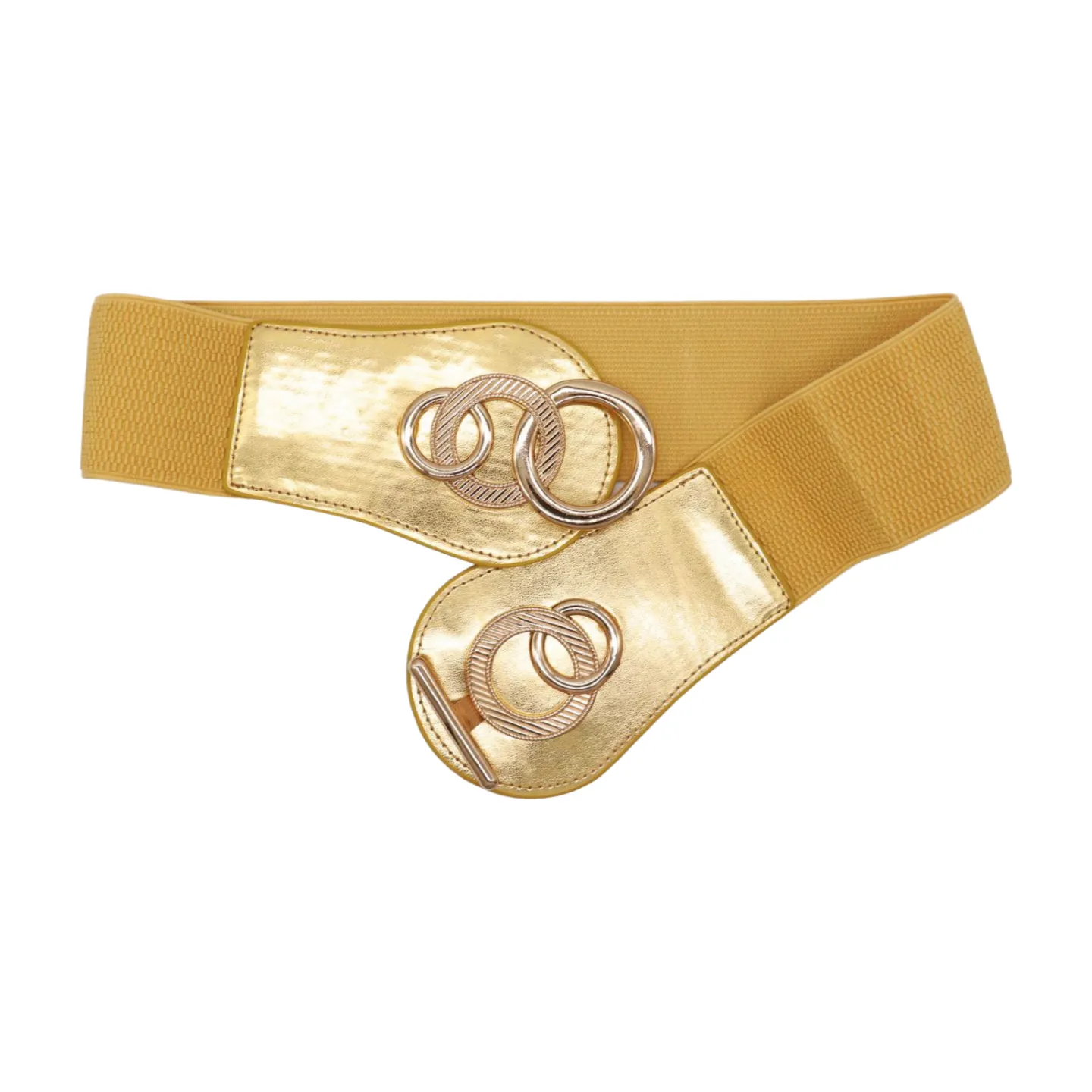 Gold Faux Leather Elastic Belt Circle Hook Buckle S M
