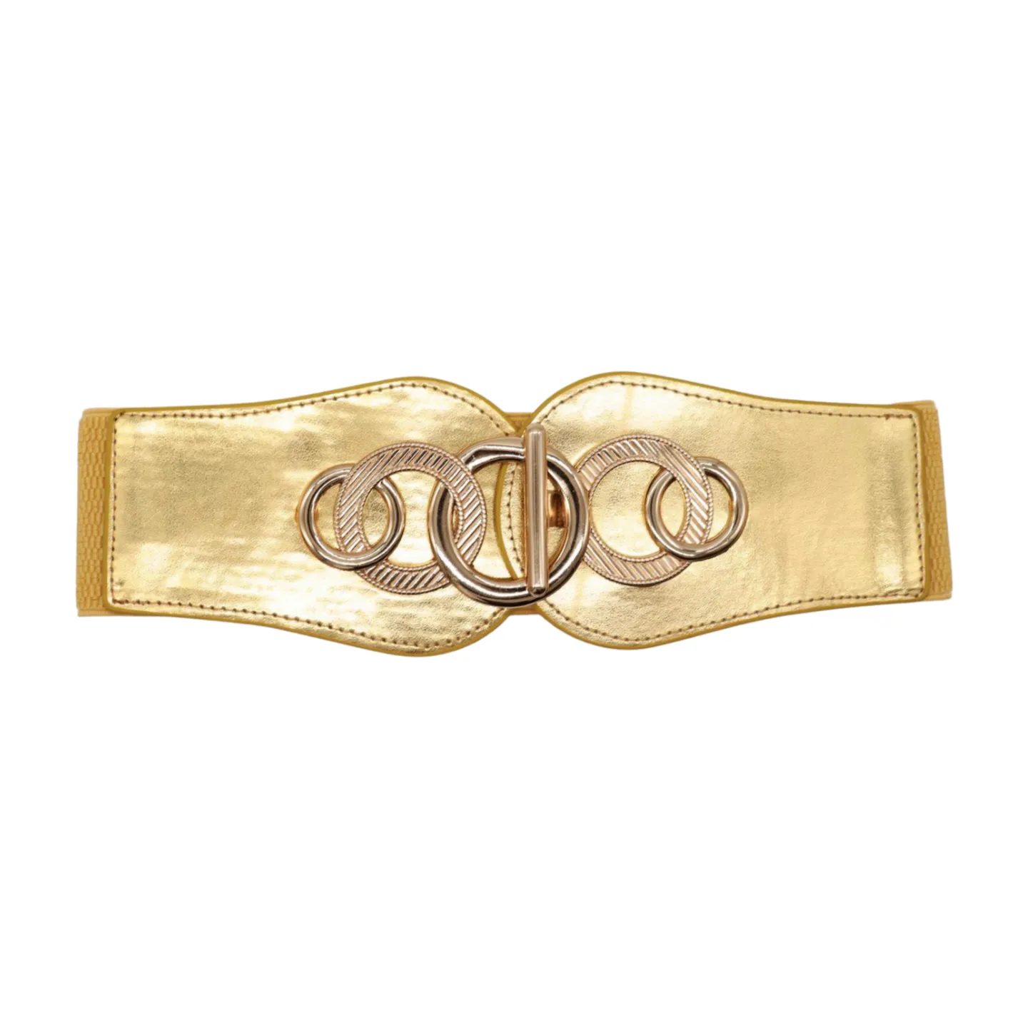 Gold Faux Leather Elastic Belt Circle Hook Buckle S M