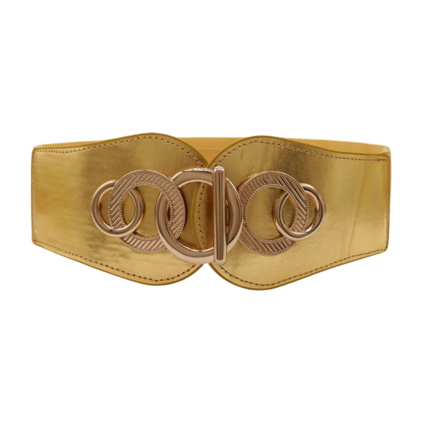 Gold Faux Leather Elastic Belt Circle Hook Buckle S M