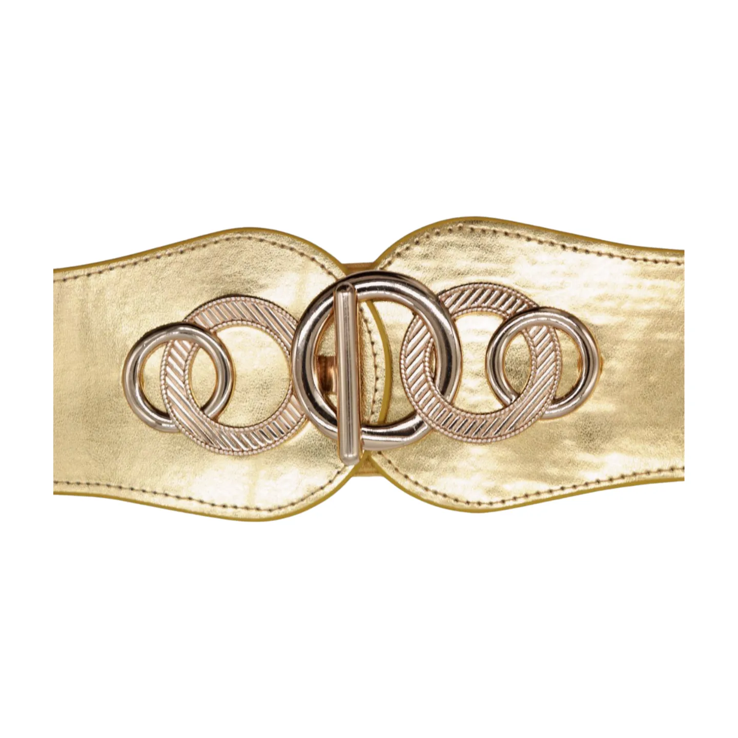 Gold Faux Leather Elastic Belt Circle Hook Buckle S M