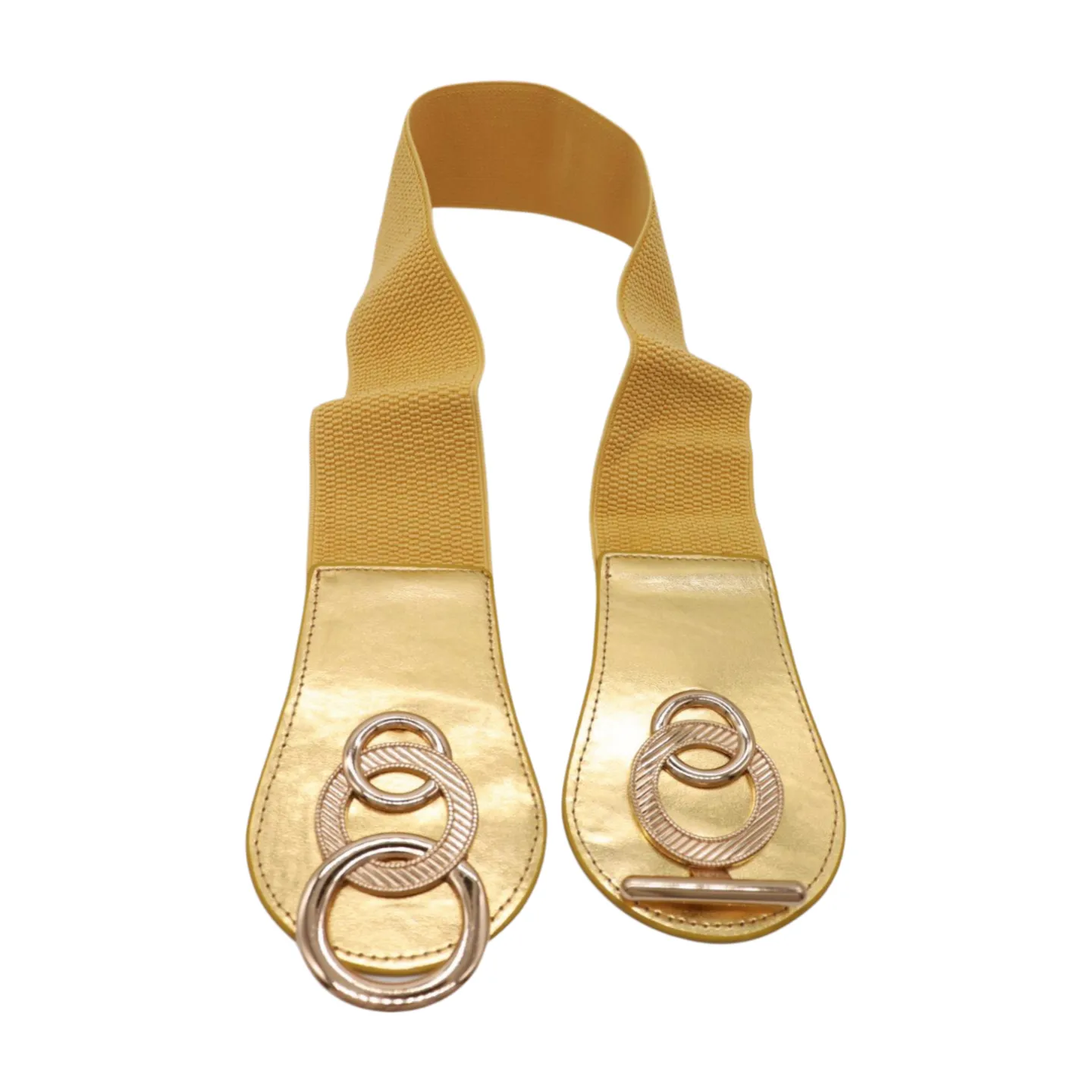 Gold Faux Leather Elastic Belt Circle Hook Buckle S M