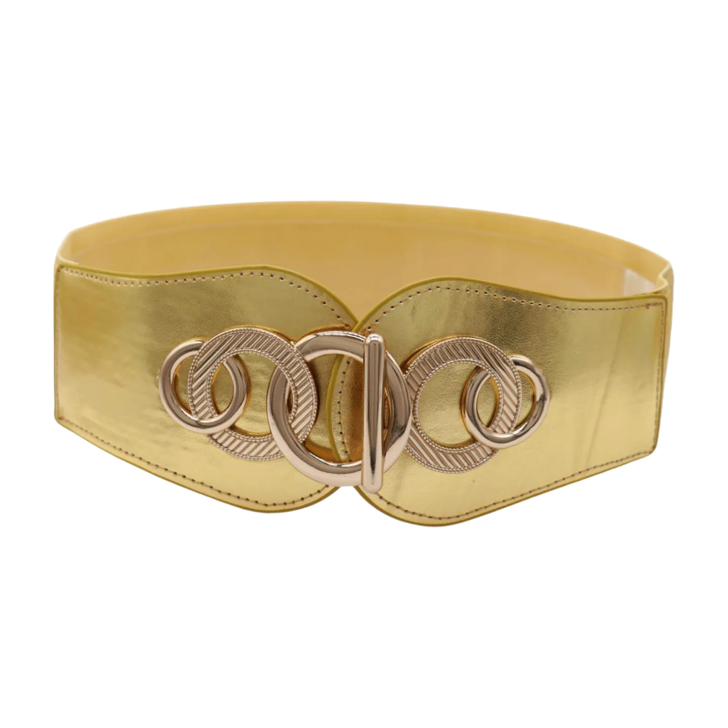 Gold Faux Leather Elastic Belt Circle Hook Buckle S M