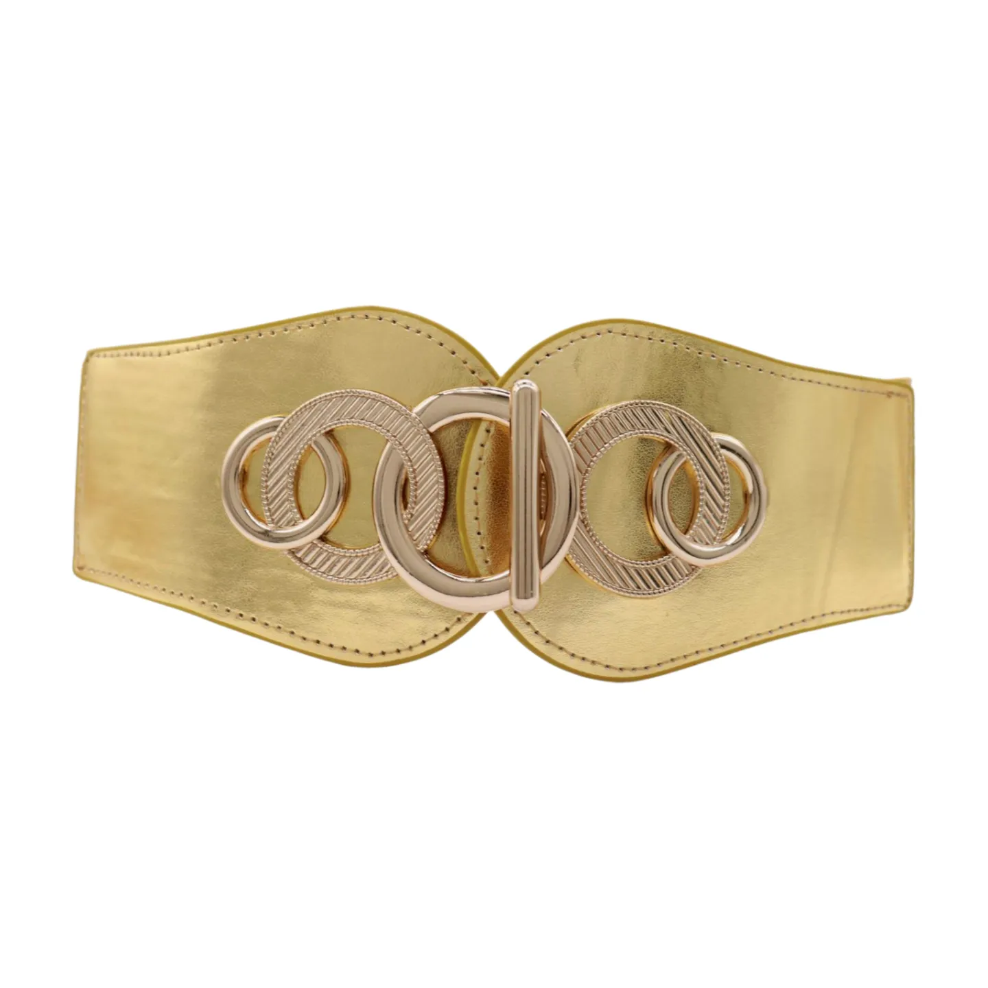 Gold Faux Leather Elastic Belt Circle Hook Buckle S M