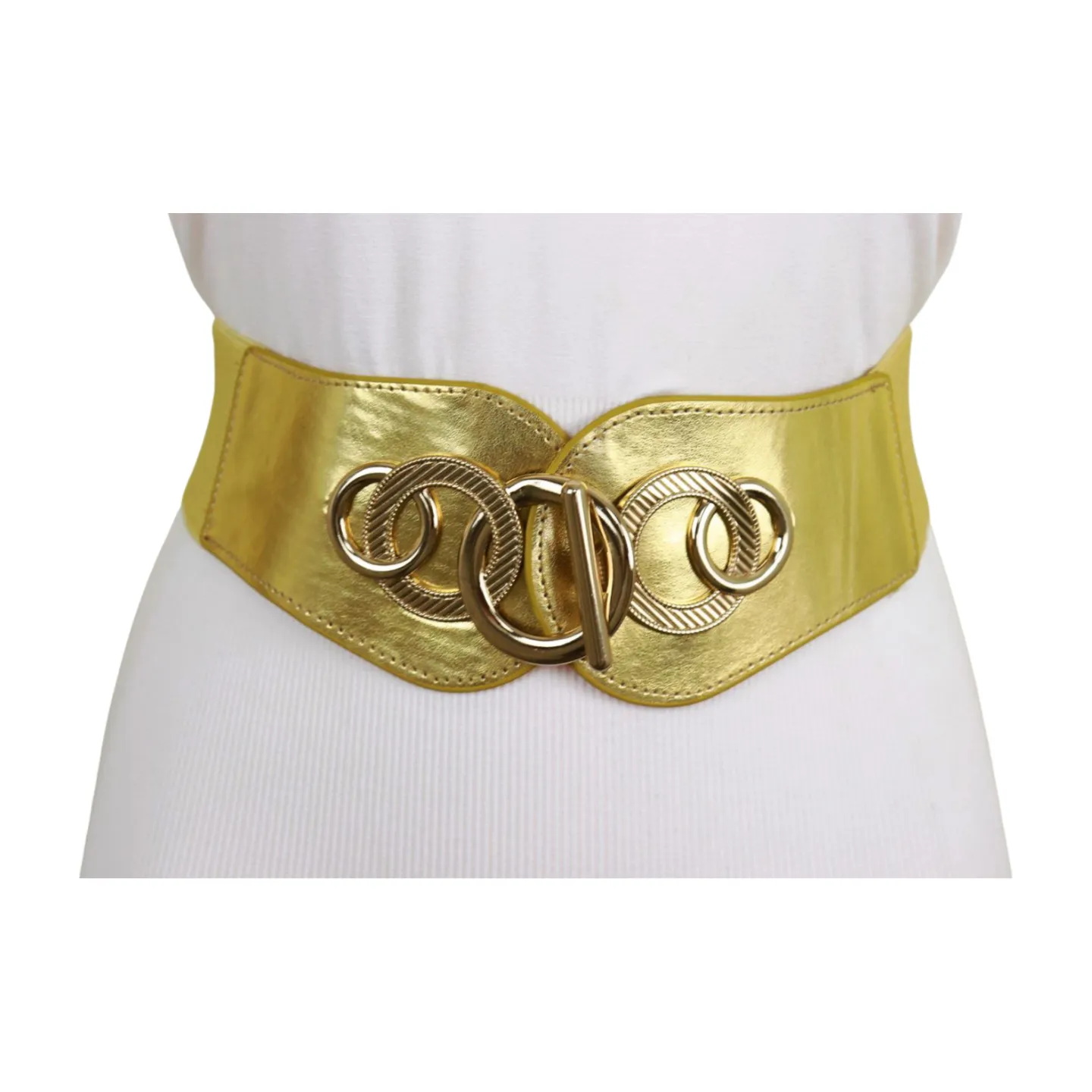 Gold Faux Leather Elastic Belt Circle Hook Buckle S M