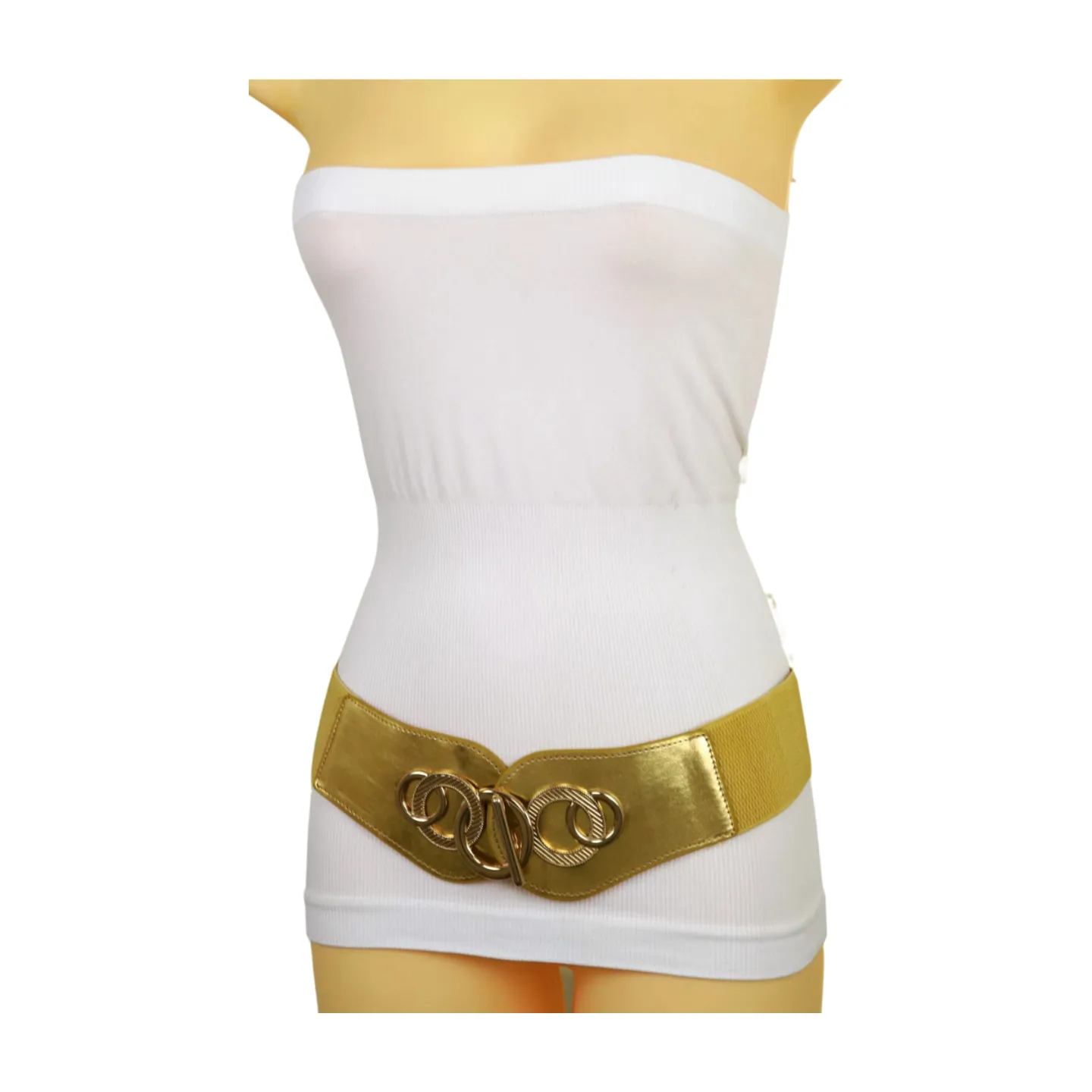 Gold Faux Leather Elastic Belt Circle Hook Buckle S M