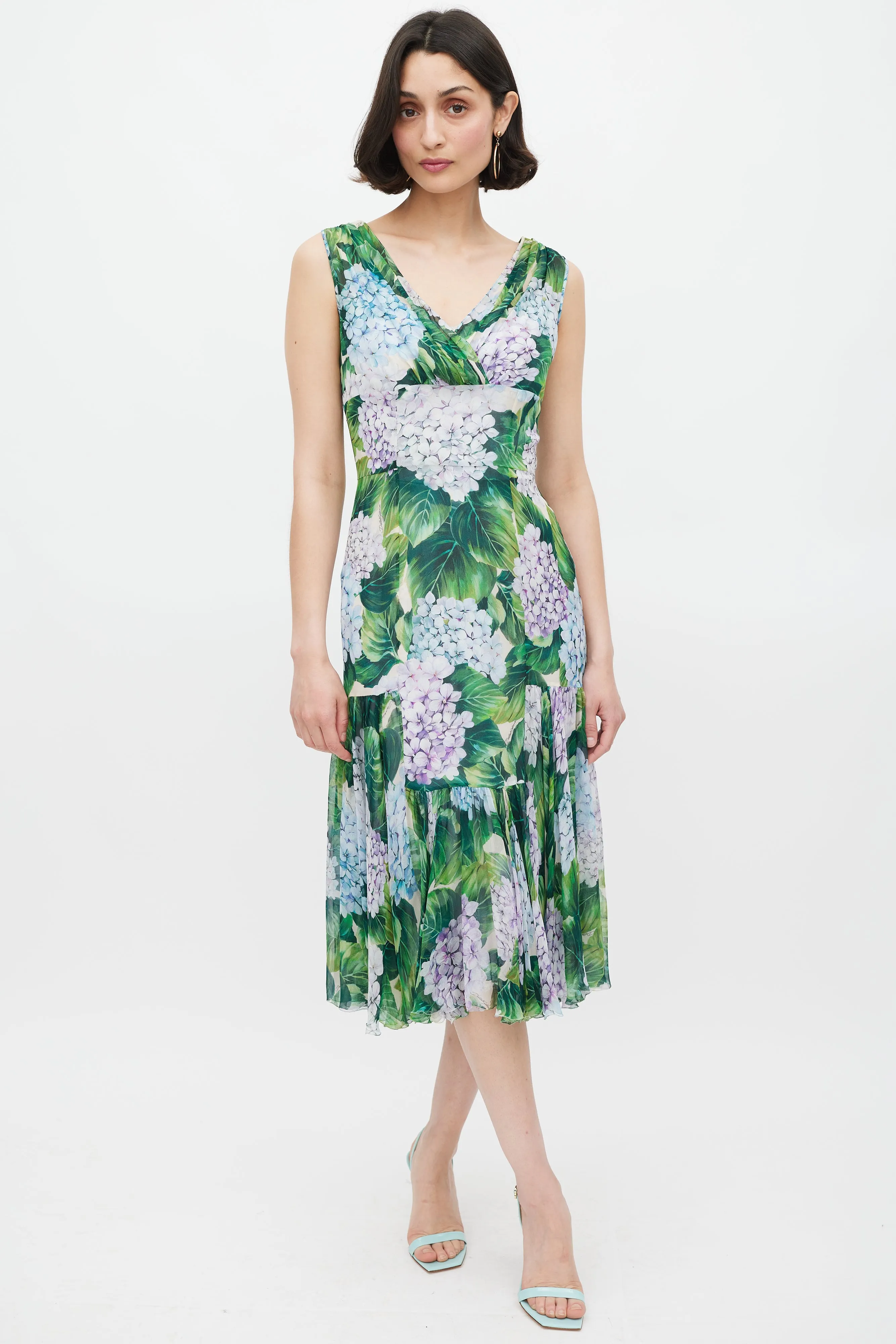 Green & Multicolour Sheer Floral Midi Dress