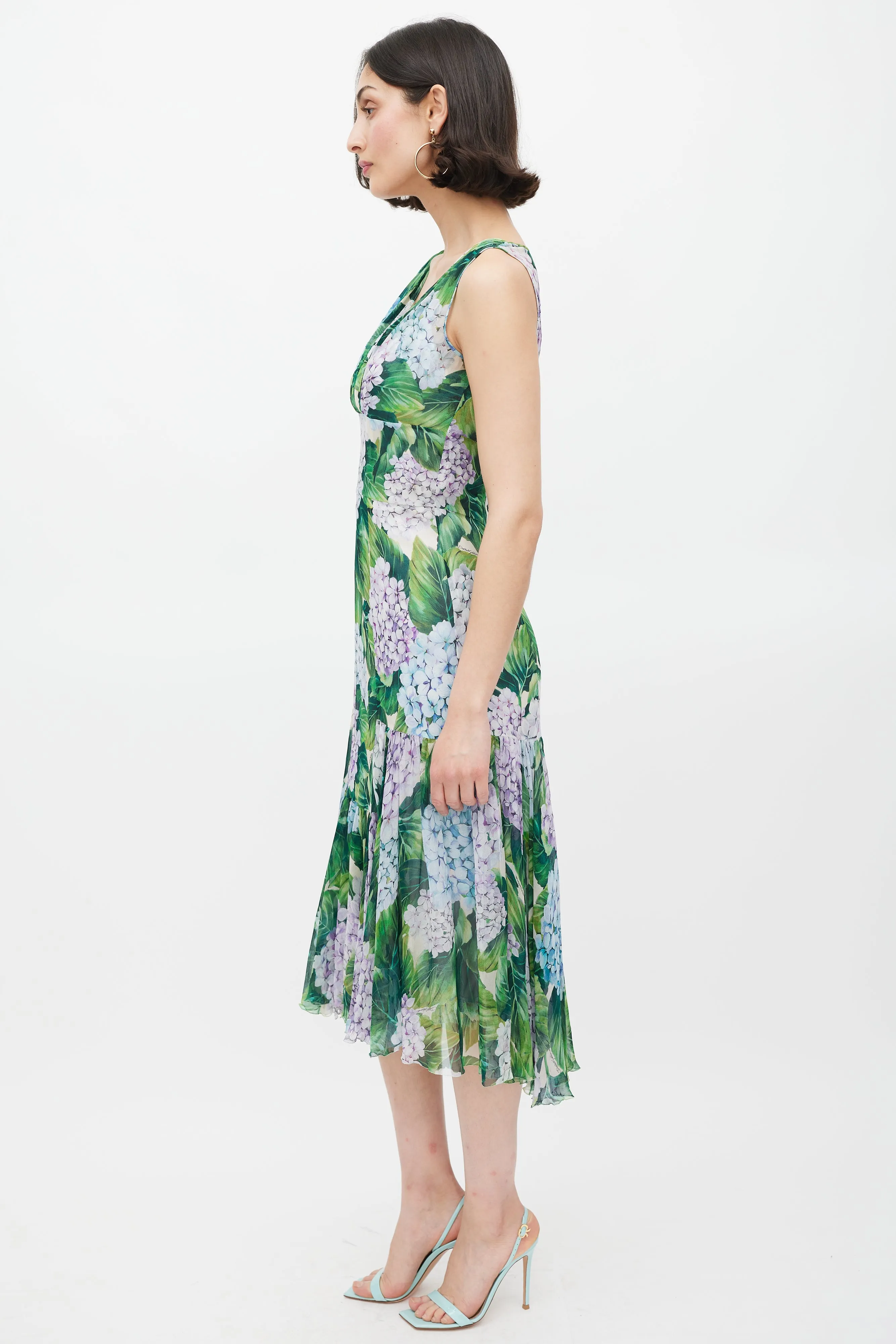 Green & Multicolour Sheer Floral Midi Dress