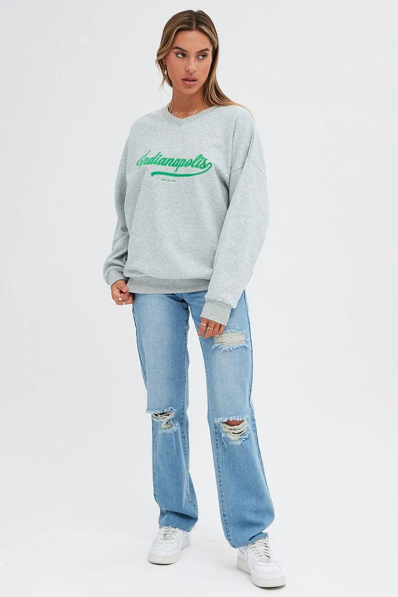 Grey Sweat Shirt Long Sleeve V-Neck Oversized Indiana