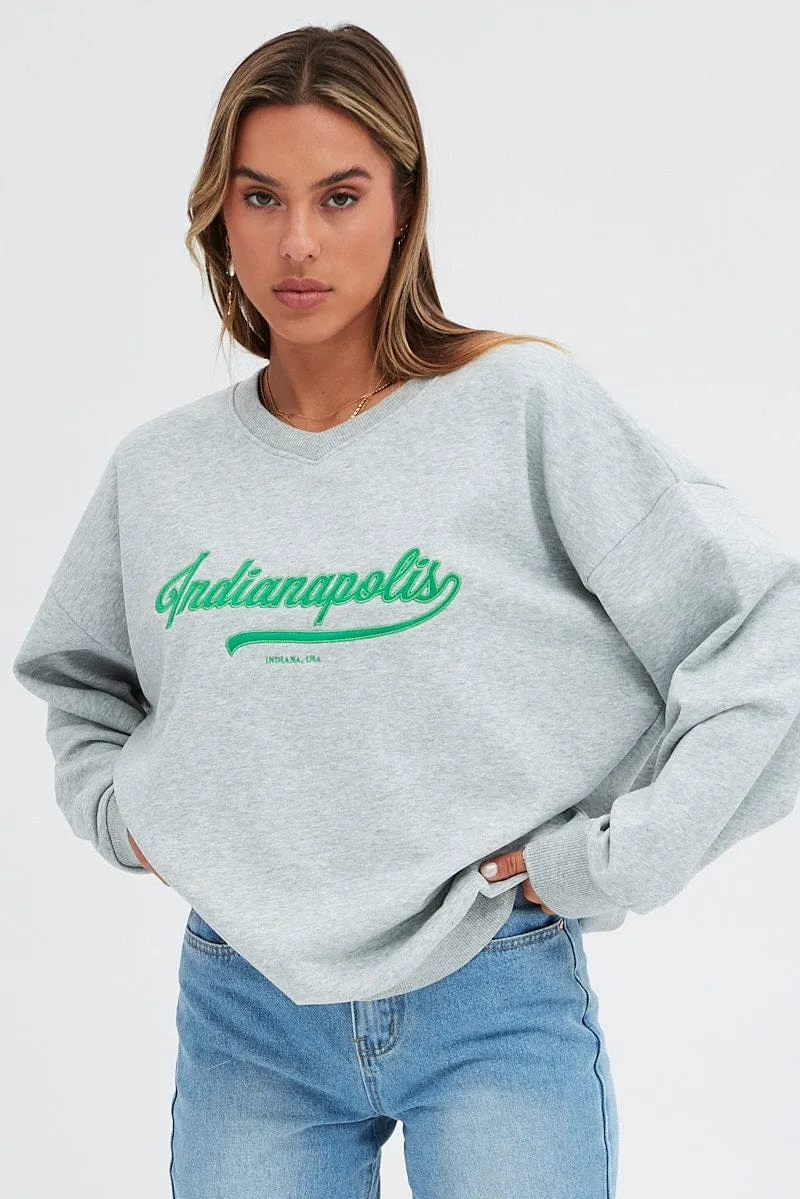 Grey Sweat Shirt Long Sleeve V-Neck Oversized Indiana