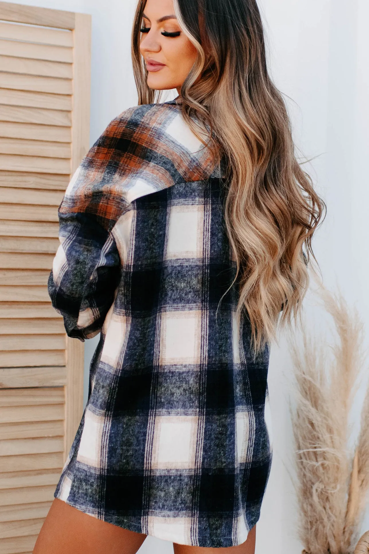 Heading North Oversized Colorblock Plaid Shacket (Navy/Rust)