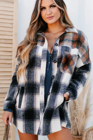 Heading North Oversized Colorblock Plaid Shacket (Navy/Rust)