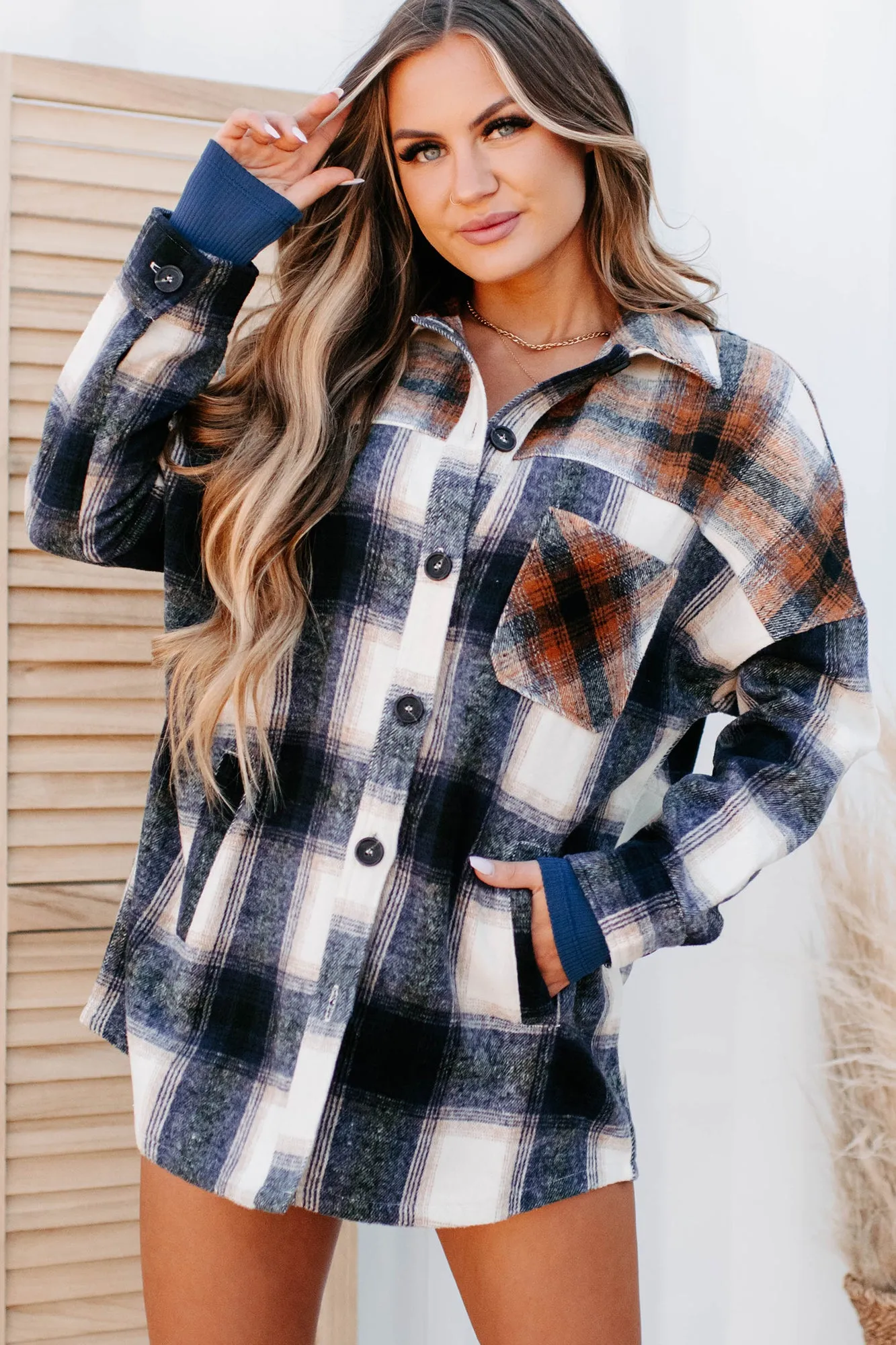 Heading North Oversized Colorblock Plaid Shacket (Navy/Rust)
