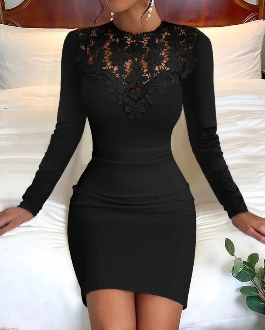 Hnzxzm Sexy Lace Patchwork Bodycon Mini Dress Women Fashion O-neck Long Sleeve Solid Dresses Autumn Winter Hollow Out Skinny Robe Femme