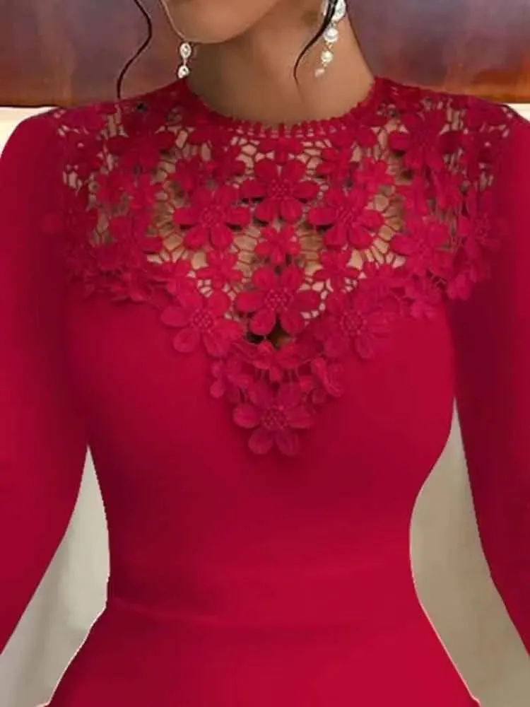 Hnzxzm Sexy Lace Patchwork Bodycon Mini Dress Women Fashion O-neck Long Sleeve Solid Dresses Autumn Winter Hollow Out Skinny Robe Femme