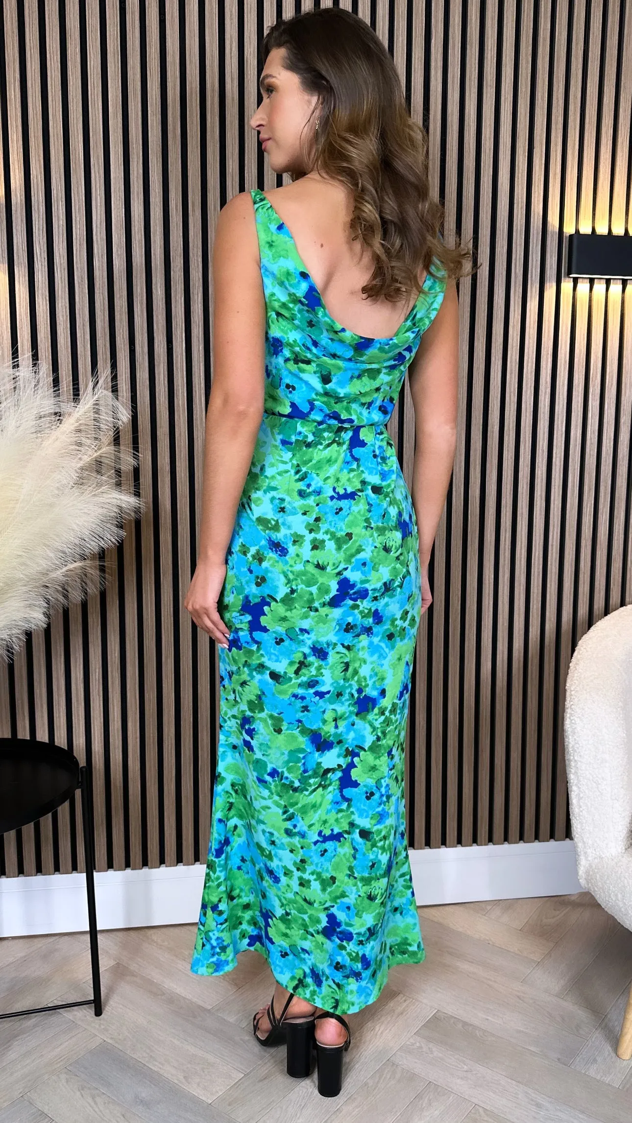 Jacinta Green Printed Cowl Neck Slip Midi Dress
