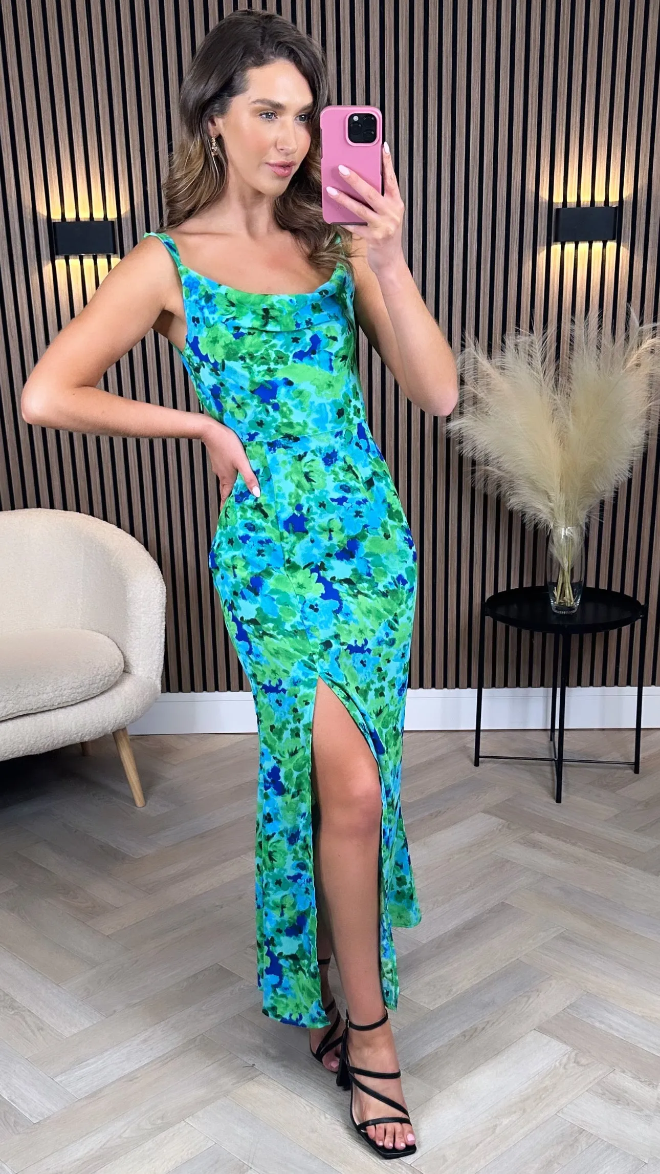 Jacinta Green Printed Cowl Neck Slip Midi Dress