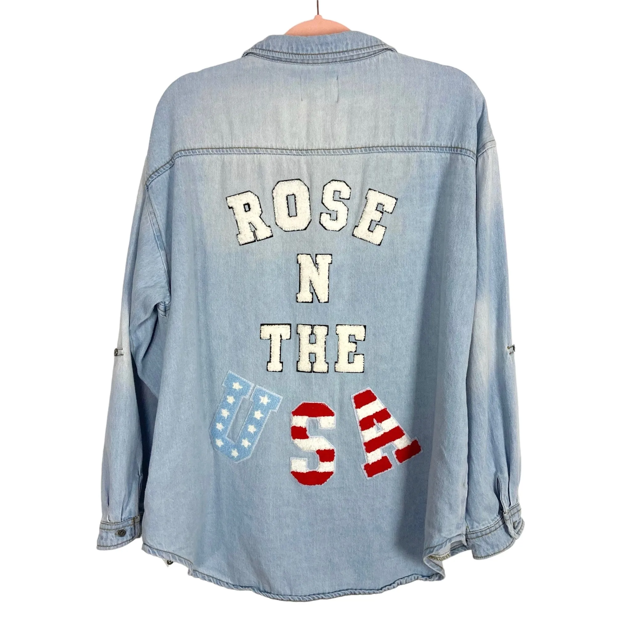 Judith March Denim Rose in the USA Roll Tab Sleeve Shacket- Size M (sold out online, see notes)