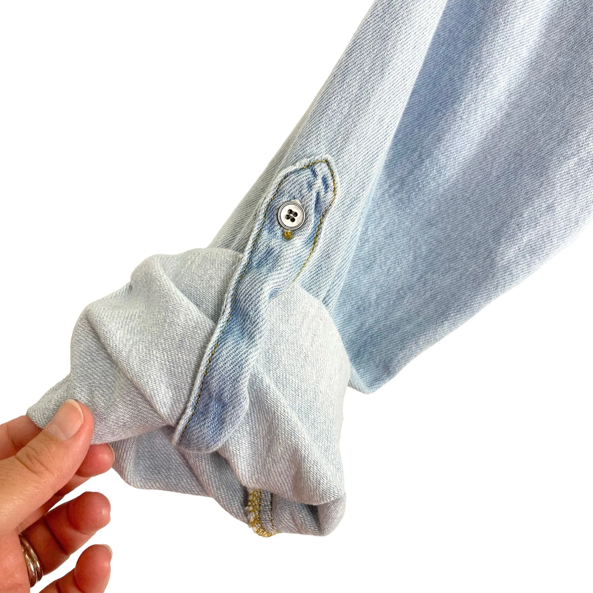 Judith March Denim Rose in the USA Roll Tab Sleeve Shacket- Size M (sold out online, see notes)