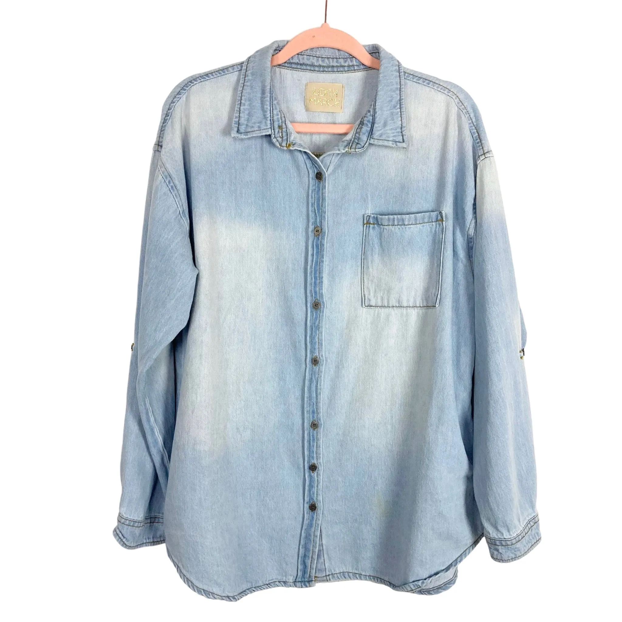 Judith March Denim Rose in the USA Roll Tab Sleeve Shacket- Size M (sold out online, see notes)