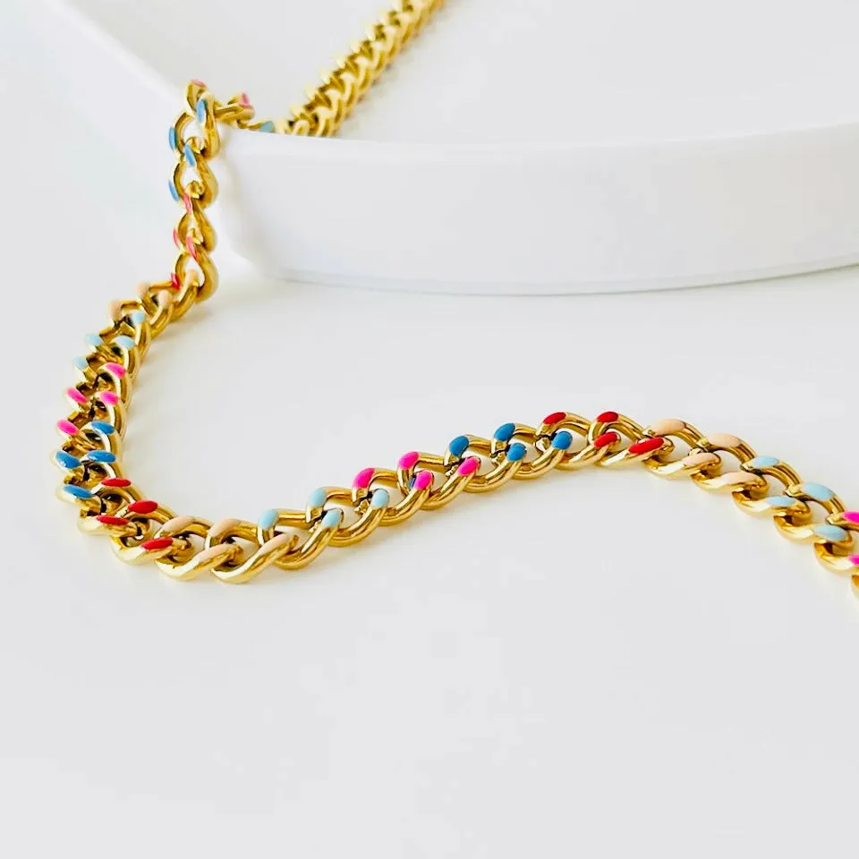 Lush-Laney Multicolor Enamel Cuban Link Gold Necklace