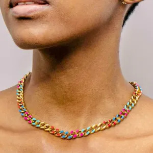 Lush-Laney Multicolor Enamel Cuban Link Gold Necklace