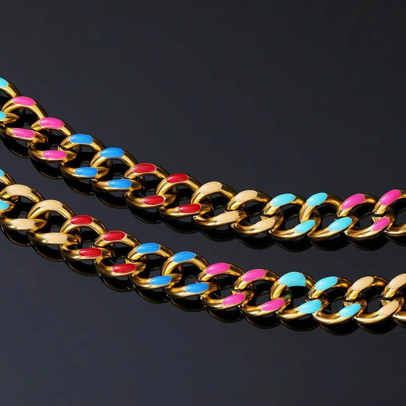 Lush-Laney Multicolor Enamel Cuban Link Gold Necklace