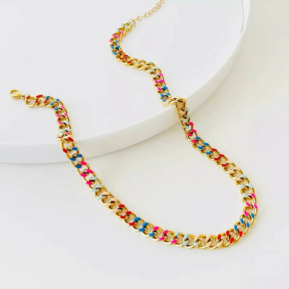 Lush-Laney Multicolor Enamel Cuban Link Gold Necklace