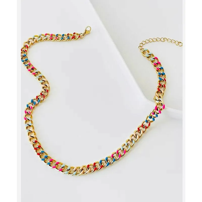 Lush-Laney Multicolor Enamel Cuban Link Gold Necklace