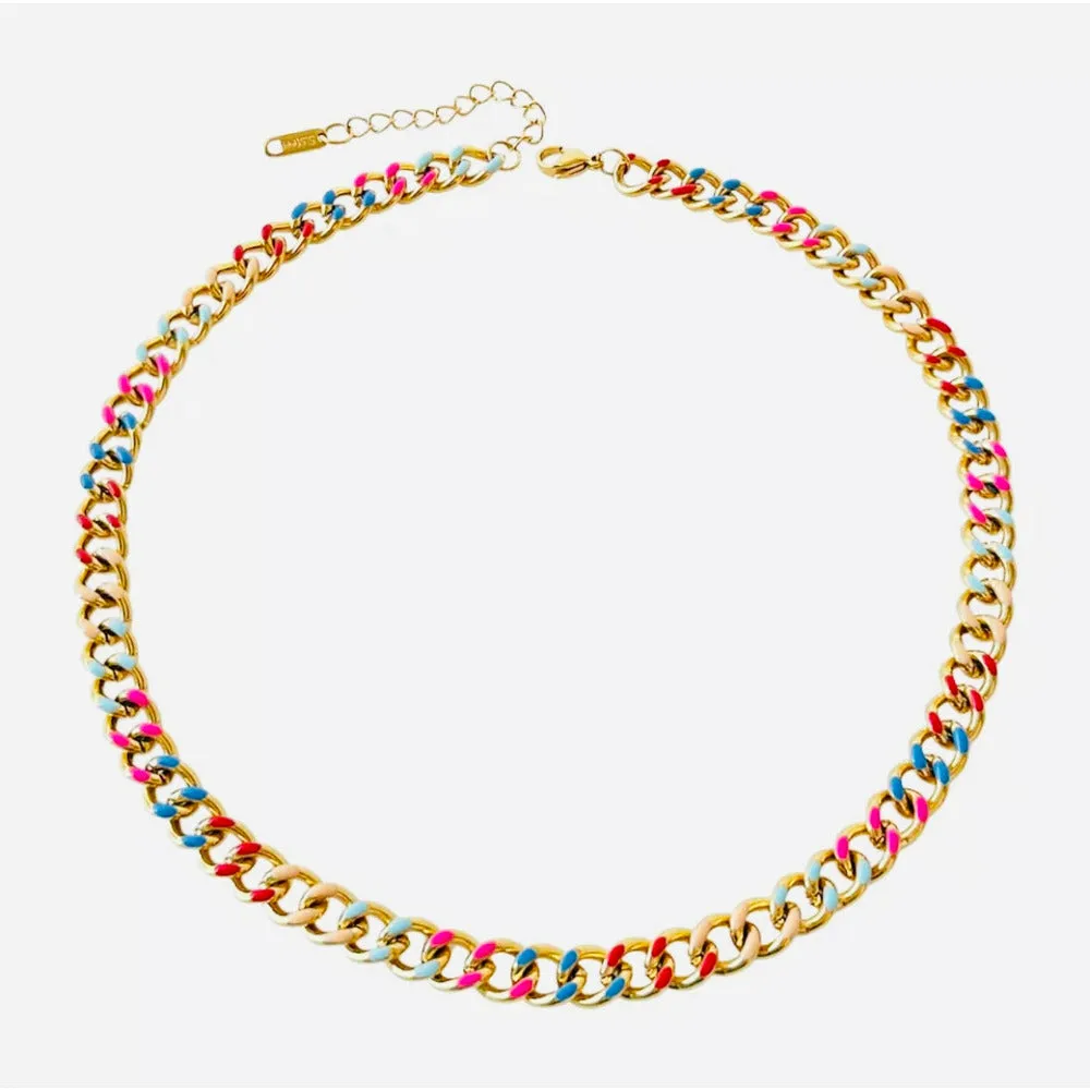 Lush-Laney Multicolor Enamel Cuban Link Gold Necklace
