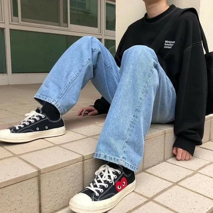 Men Retro Sky Blue Streetwear Straight Fit Baggy Denim Jeans