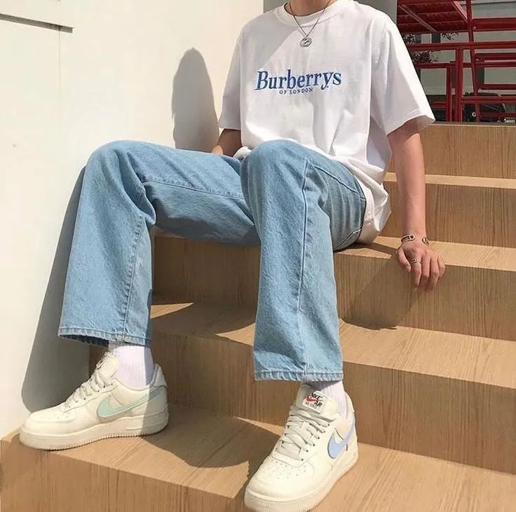 Men Retro Sky Blue Streetwear Straight Fit Baggy Denim Jeans