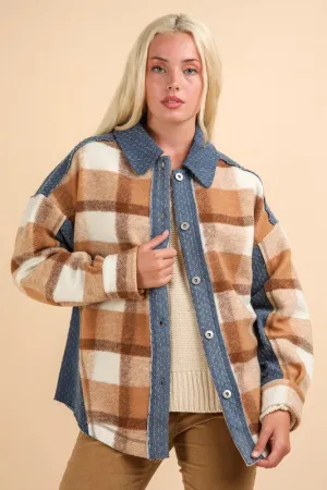 Mocha Mix Textured Denim Contrast Plaid Shacket Jacket