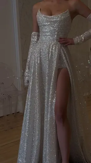 Modest a Line Strapless Sequin Long Prom Dress Slit Evening Dresses With Gloves       fg6493