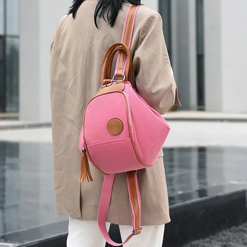 Multifunctional Womens Backpack Tassel Decor Durable Canvas Travel Daypack