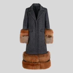 Natural fox fur sleeve cashmere single breasted long wool coat trench