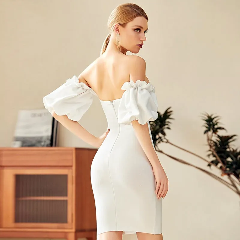 Off Shoulder Puff Sleeves Mini Bodycon Dress