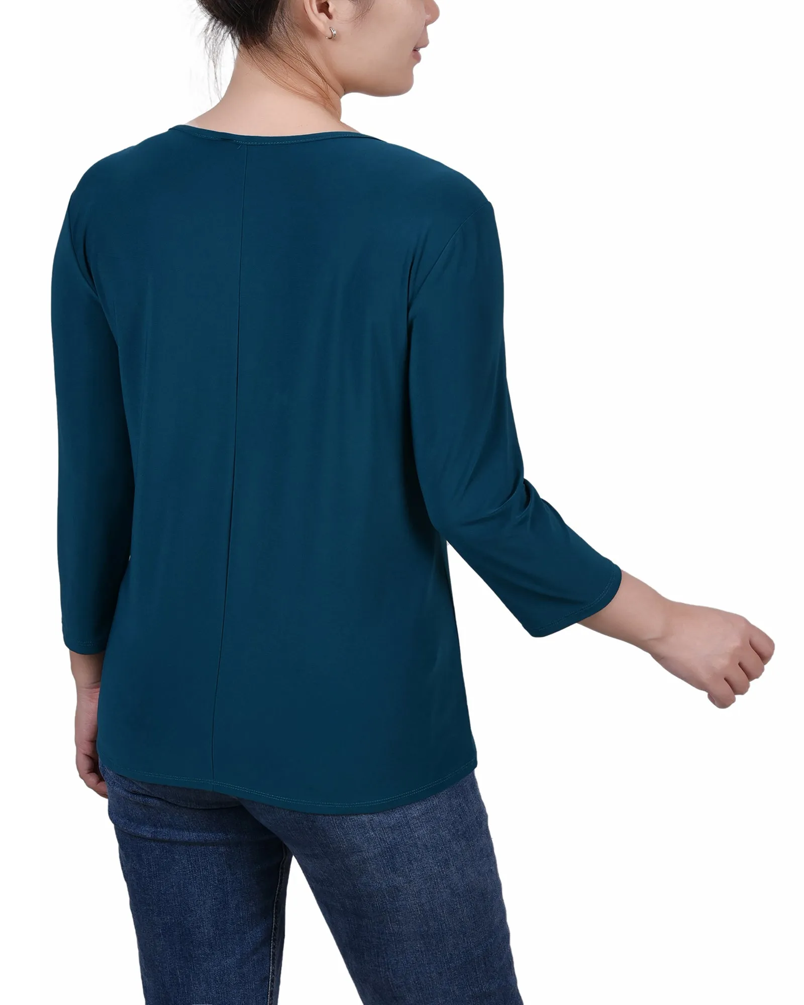Petite 3/4 Sleeve Top With Illusion Neckline and Stones
