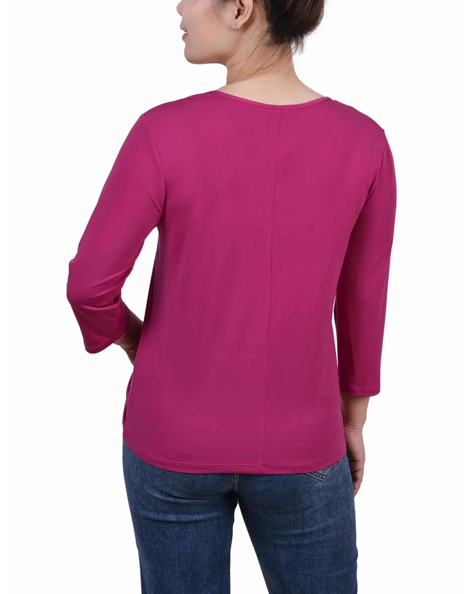 Petite 3/4 Sleeve Top With Illusion Neckline and Stones