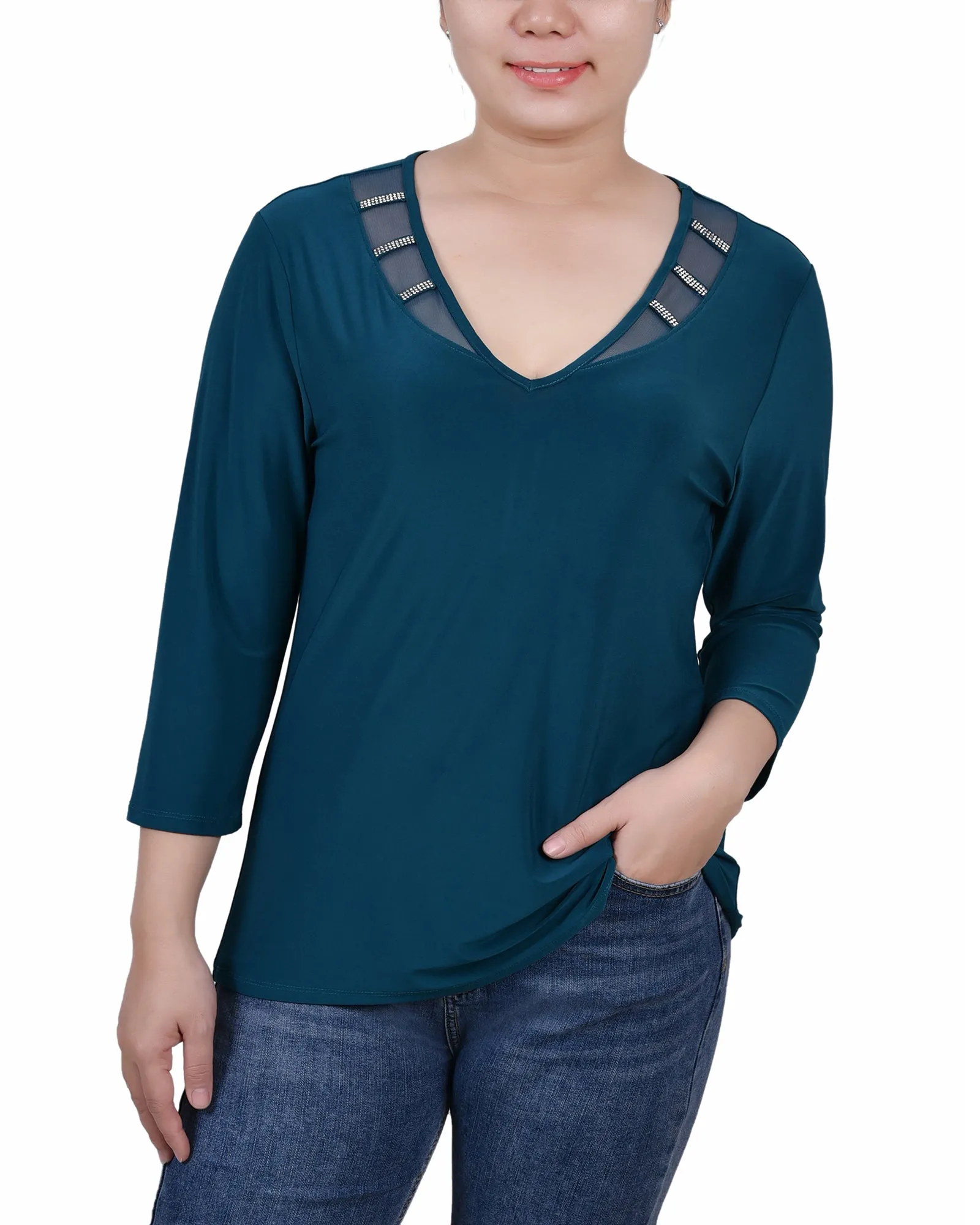 Petite 3/4 Sleeve Top With Illusion Neckline and Stones