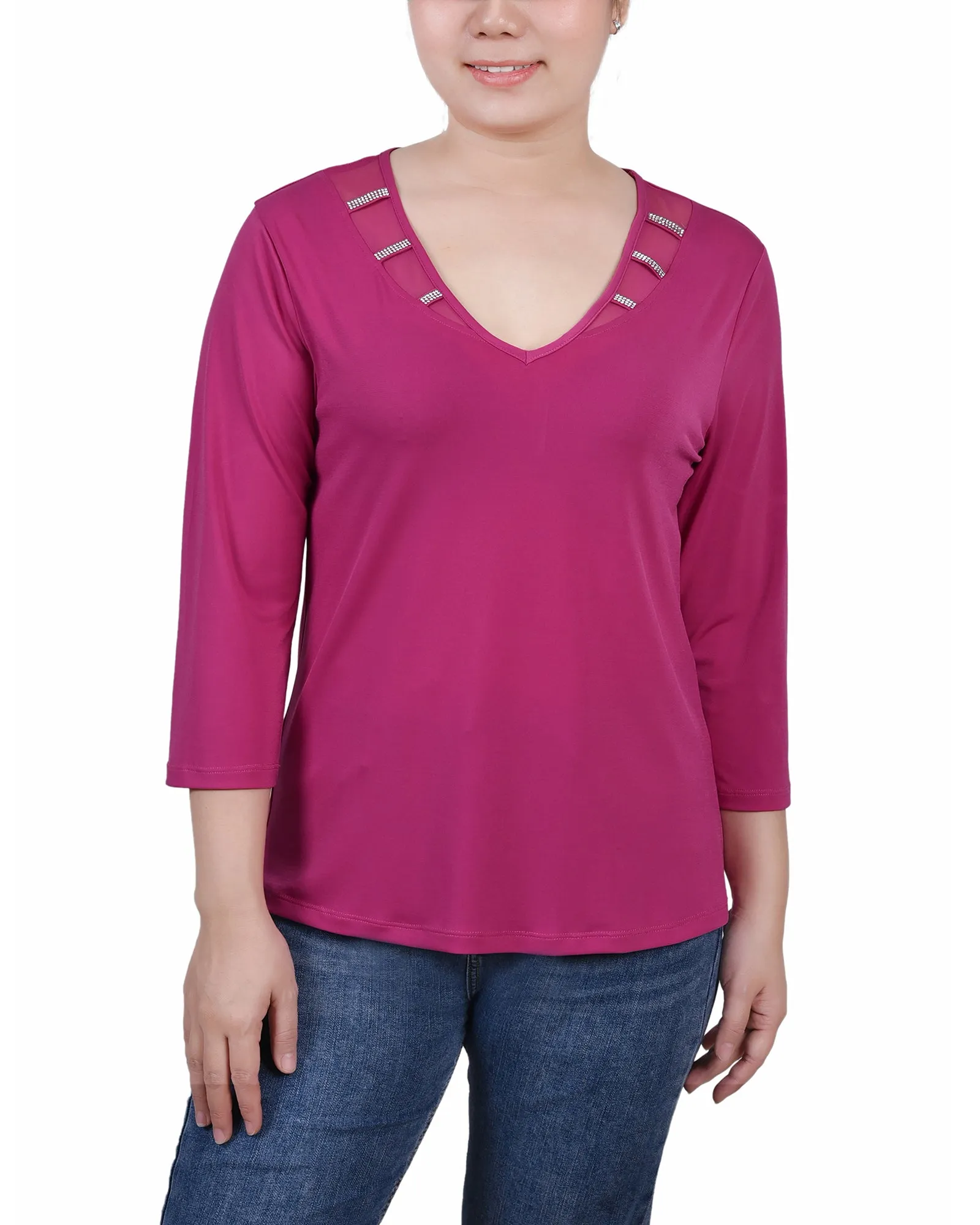 Petite 3/4 Sleeve Top With Illusion Neckline and Stones