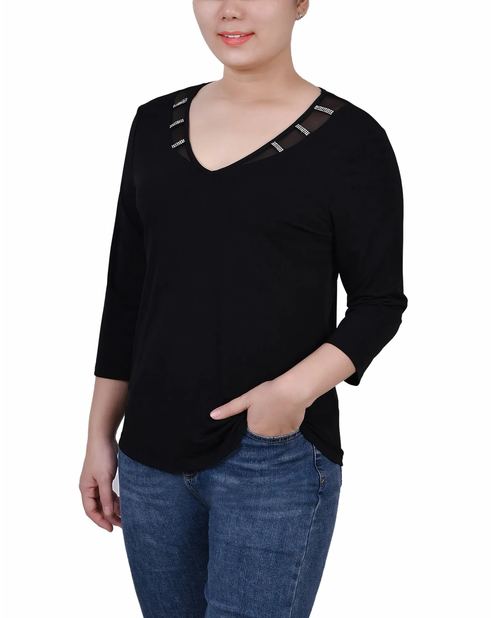 Petite 3/4 Sleeve Top With Illusion Neckline and Stones