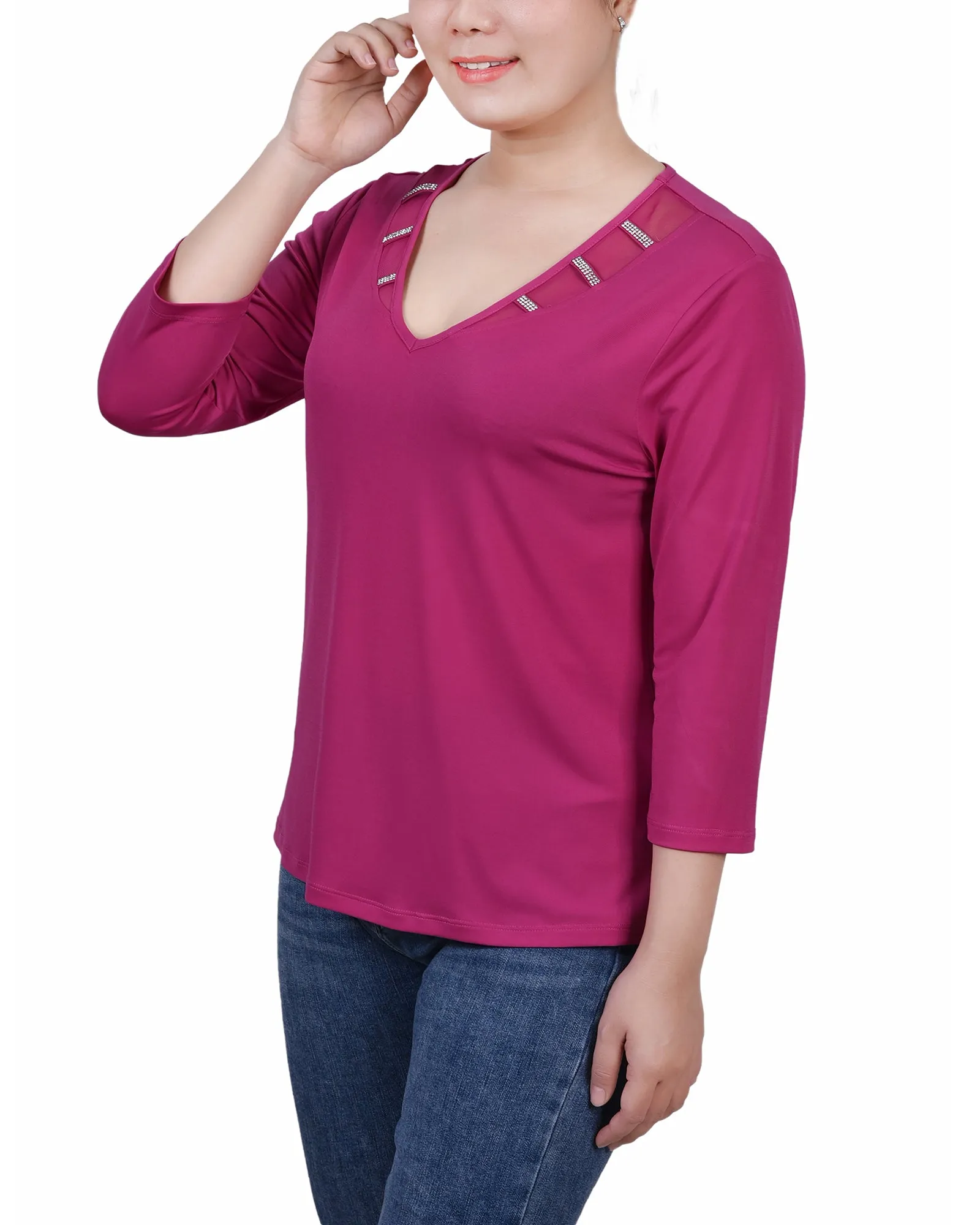 Petite 3/4 Sleeve Top With Illusion Neckline and Stones