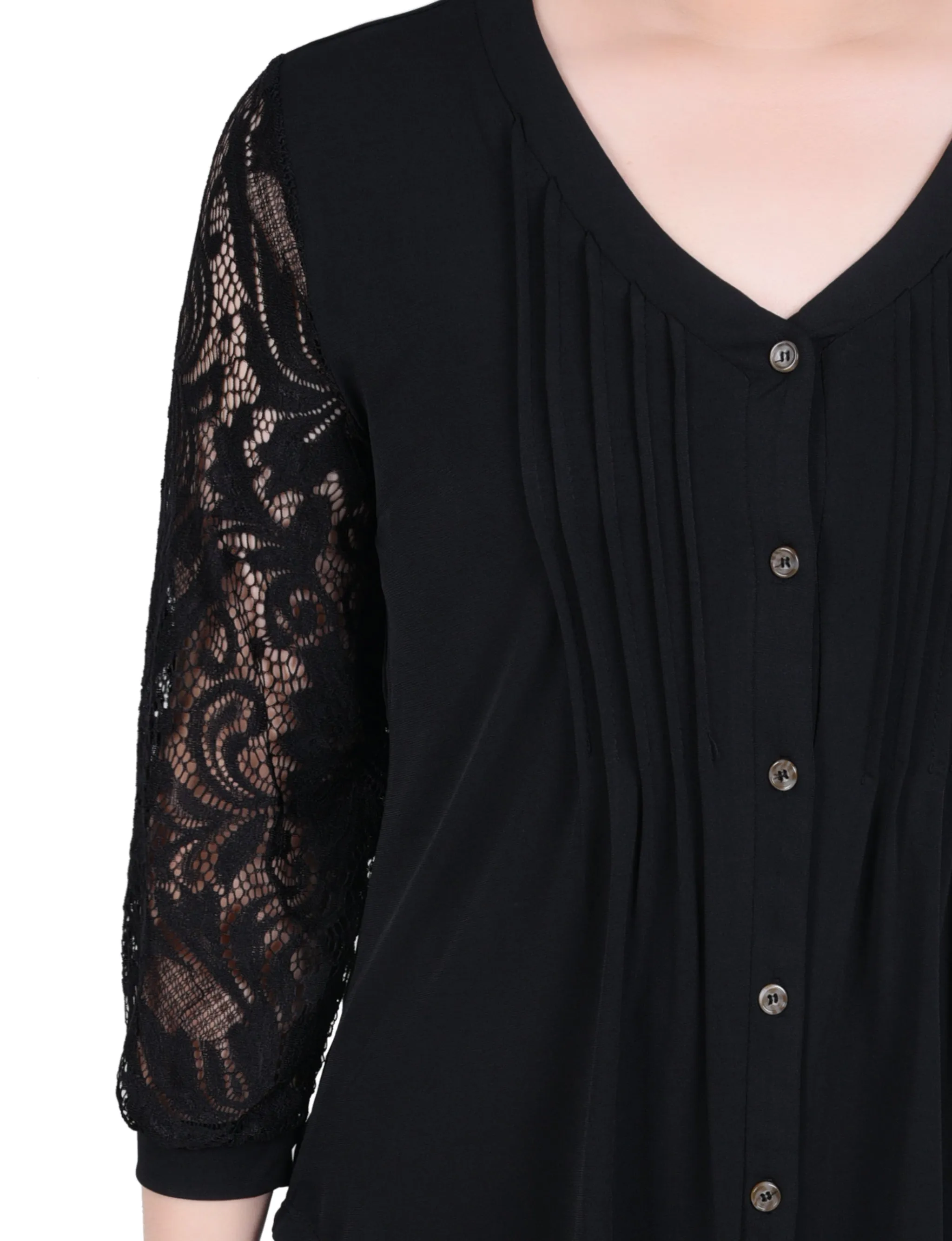 Petite Lace-Sleeve V Neck Top