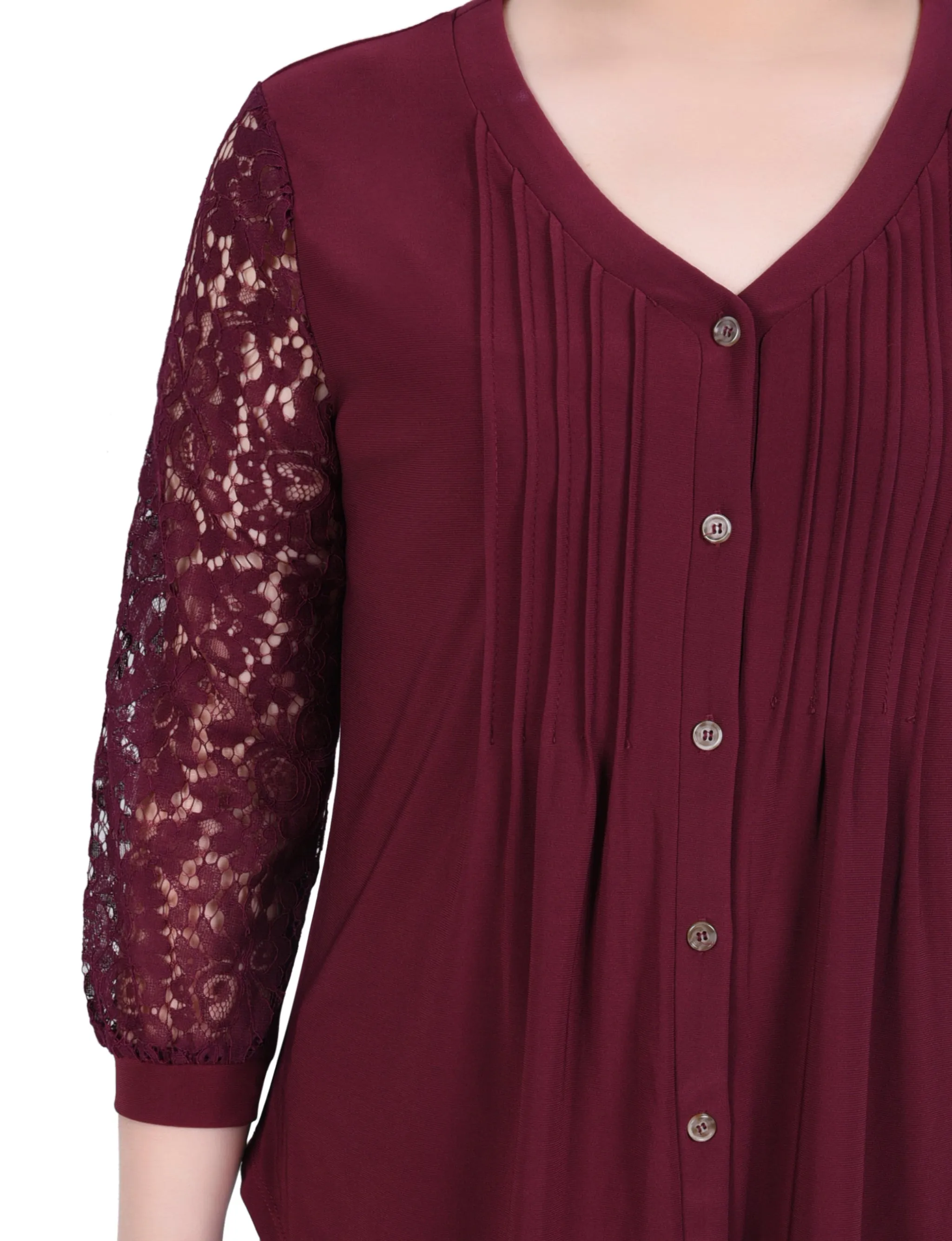 Petite Lace-Sleeve V Neck Top