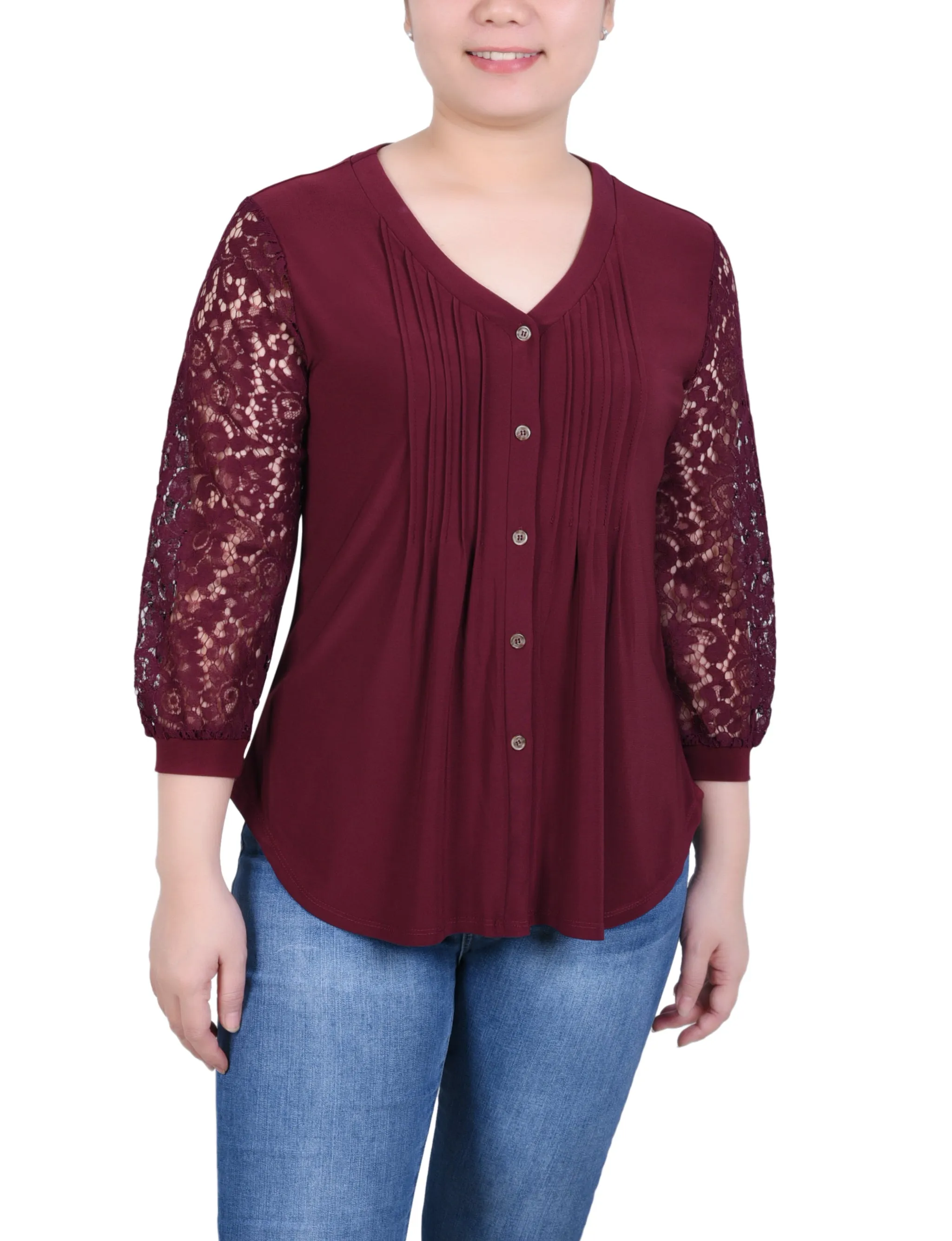 Petite Lace-Sleeve V Neck Top