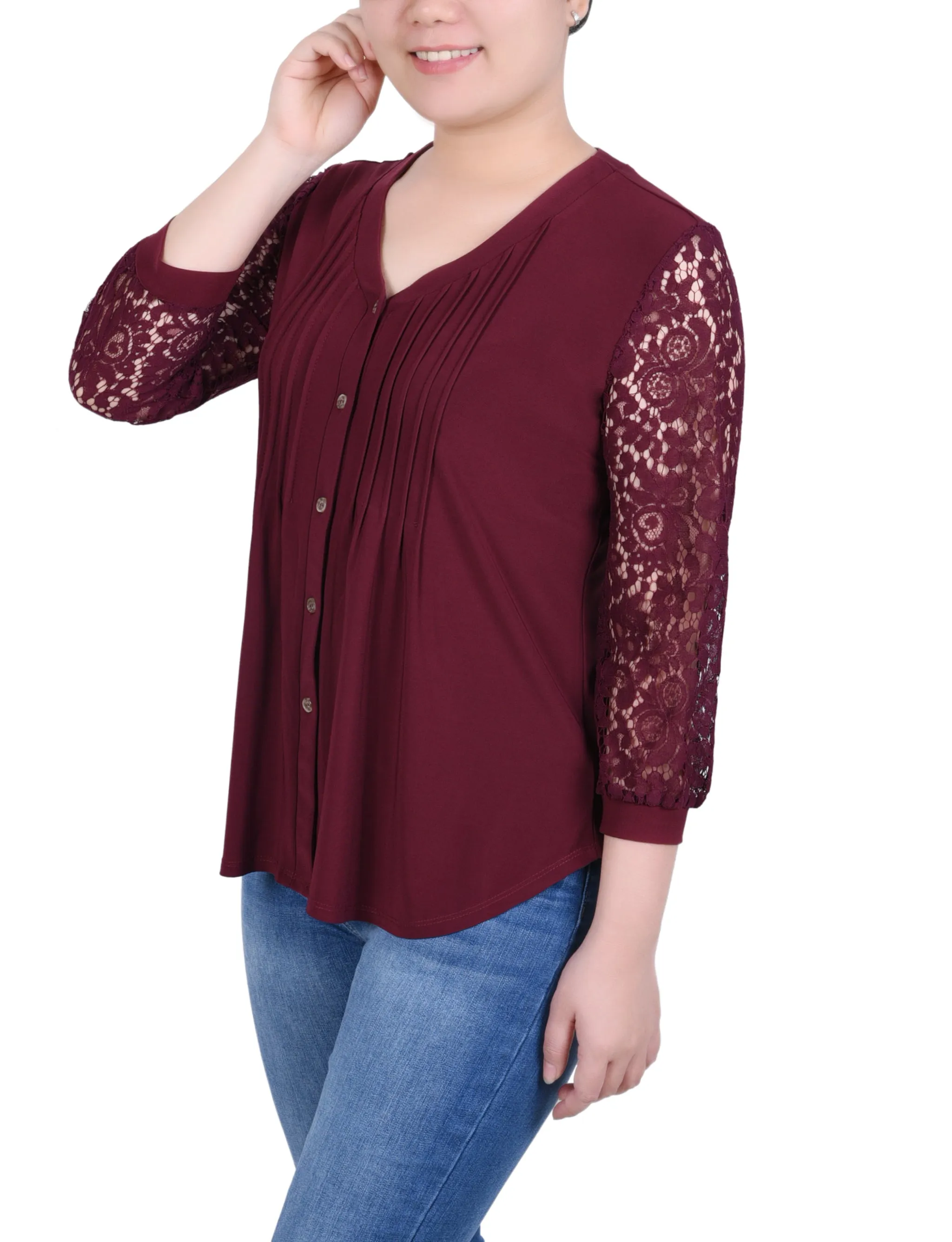 Petite Lace-Sleeve V Neck Top