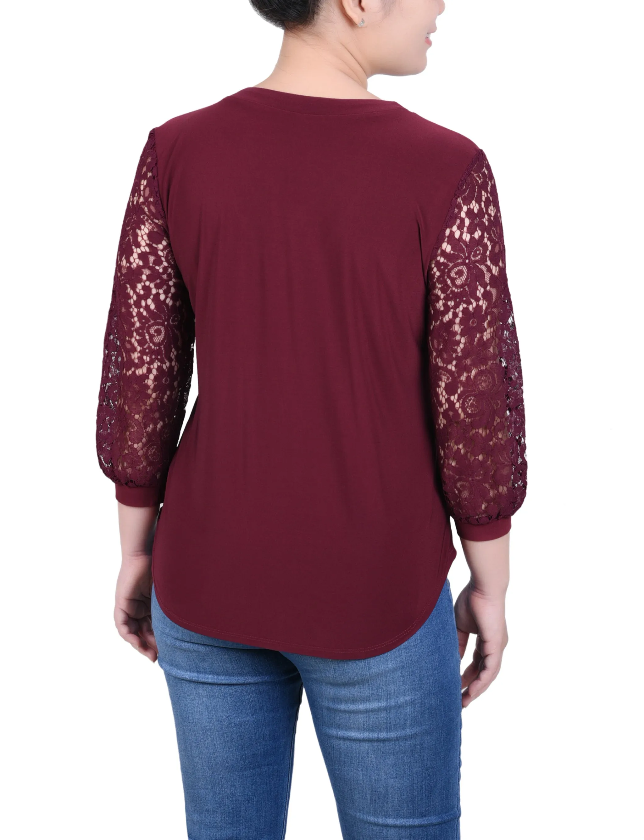 Petite Lace-Sleeve V Neck Top